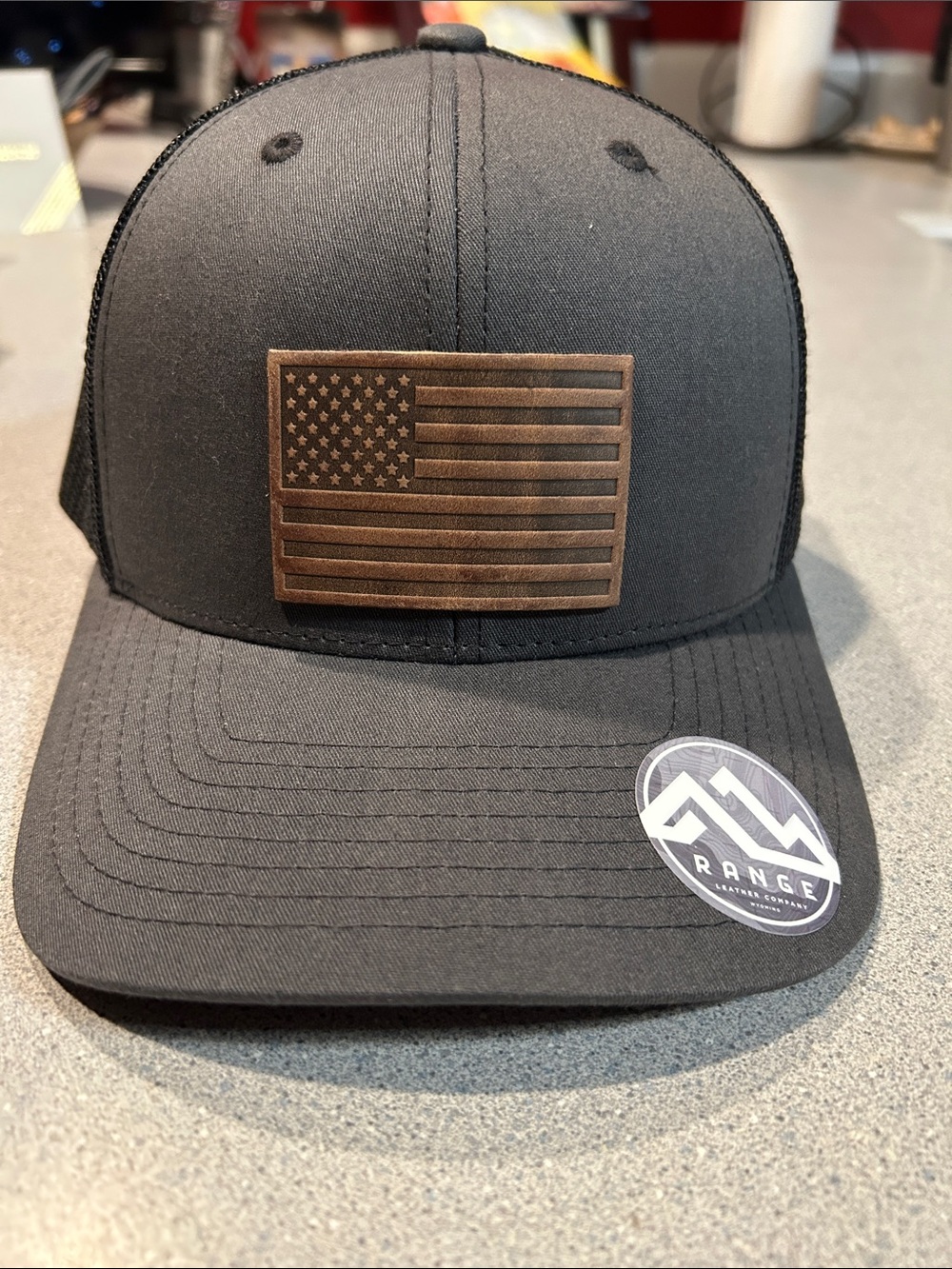 Gray/Black Trucker Hat with Leather American Flag Patch